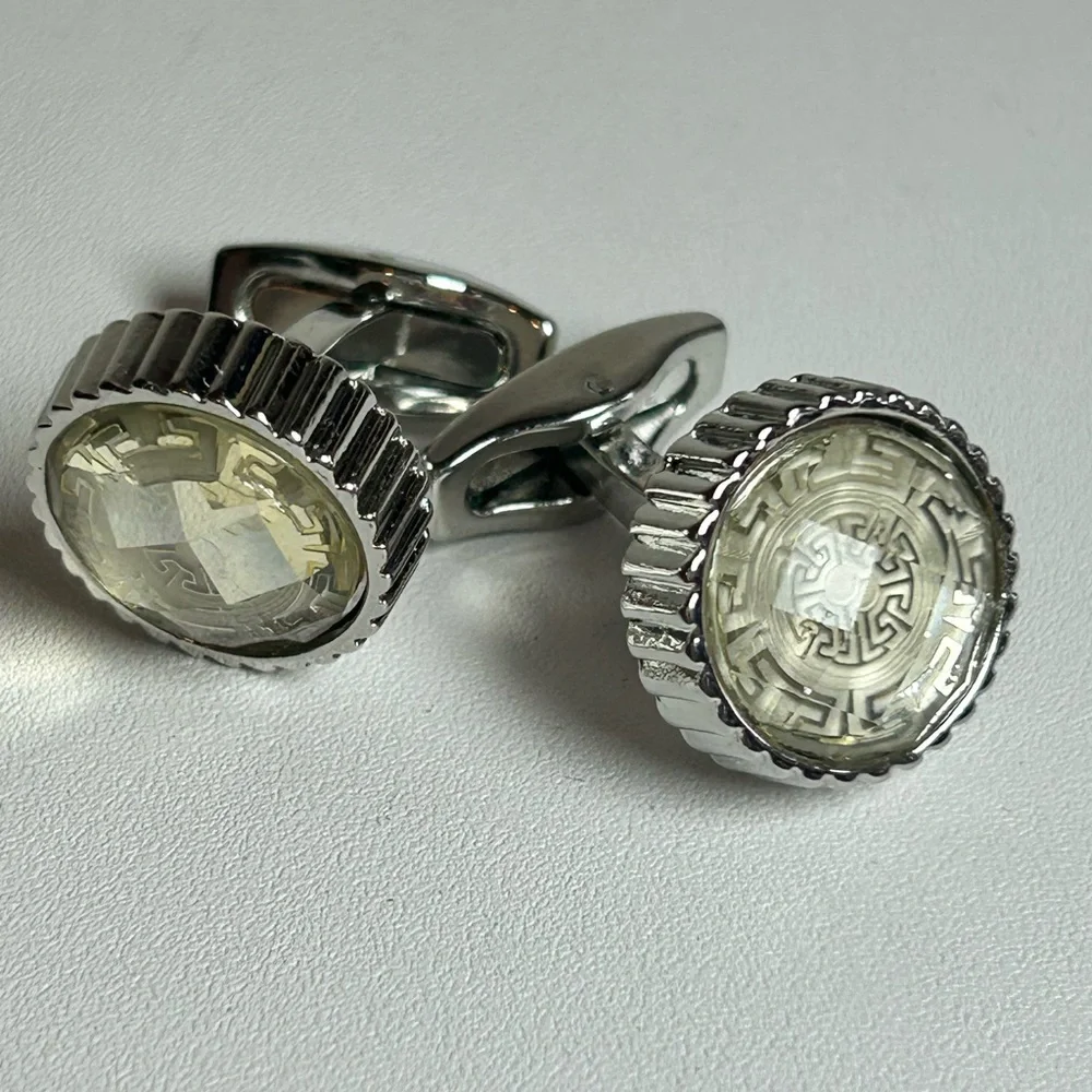 Elegant Vintage faceted glass cufflinks geometric Greek key design Silver tone